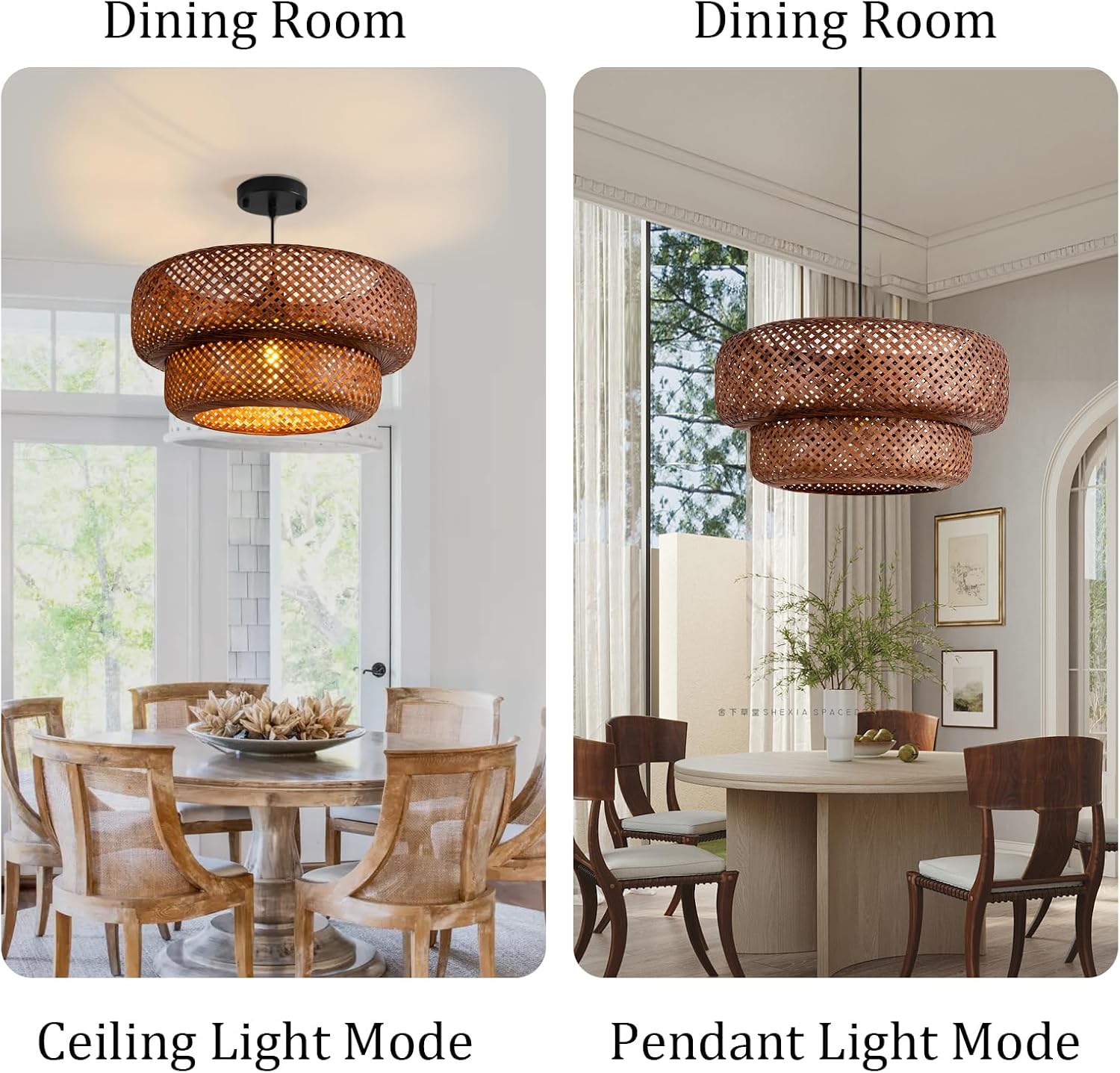 Bamboo Pendant Light,Dark Curry Boho Rattan Hanging Light,17.7' Hand Woven Wicker Chandelier for Kitchen Island for Kitchen Island Dining Bedroom Living Room Restaurants