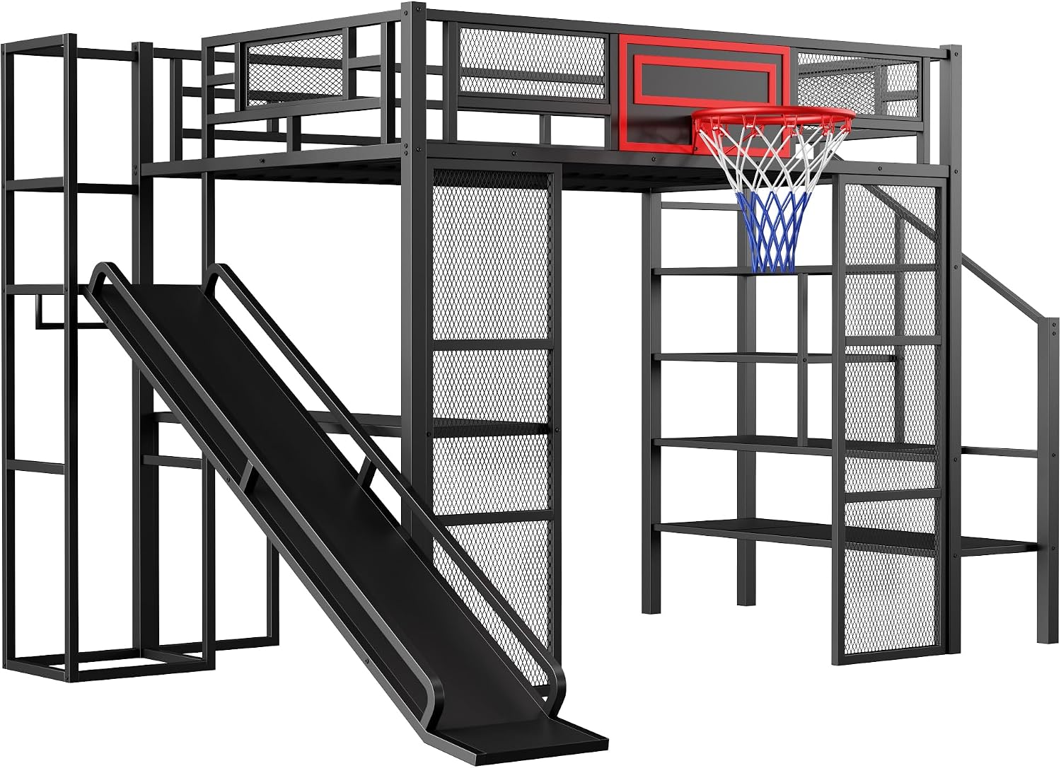 Merax Full Size Metal Loft Bed with Slide and Stairs, Loft Bed Frame with Built-in Desk, Open Wardrobe, Basketball Hoop, Space-Saving Loft Bed Frame with Storage Staircase for Kids Teens Boys, Black