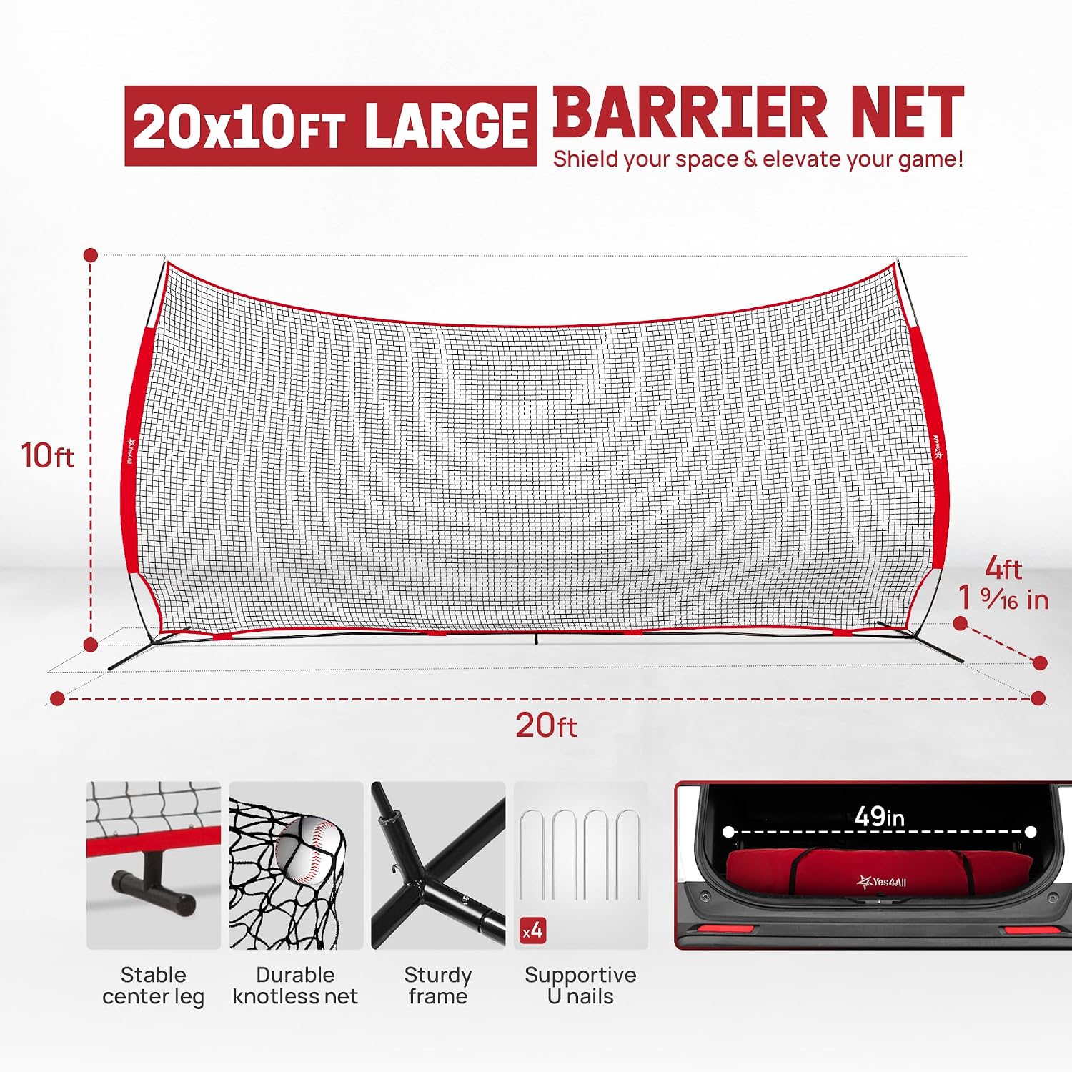 Yes4All Backstop Net for Backyard, 12x9ft Large Lacrosse Backstop, Durable Knotless Net with Strong Frame, 4 U Nails & Carry Bag - Ideal for Golf, Baseball, Basketball, Soccer, Hockey