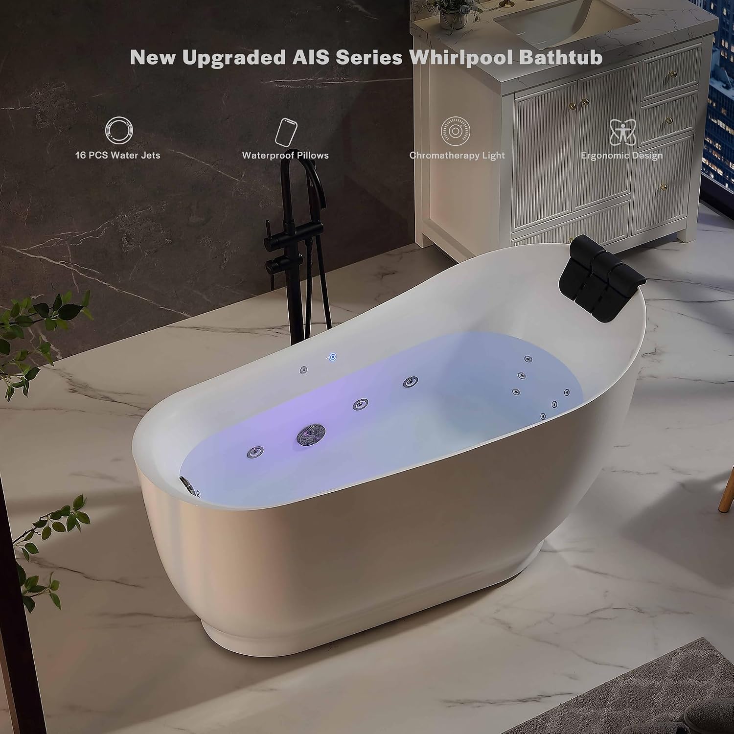 Empava Upgrade Acrylic Whirlpool Bathtub, 59 Inch Acrylic Freestanding Jetted Tub, Hydromassage Gracefully Oval Shaped with 16 Hydromassage Jets with Lumbar and Neck Support, Black Pillow