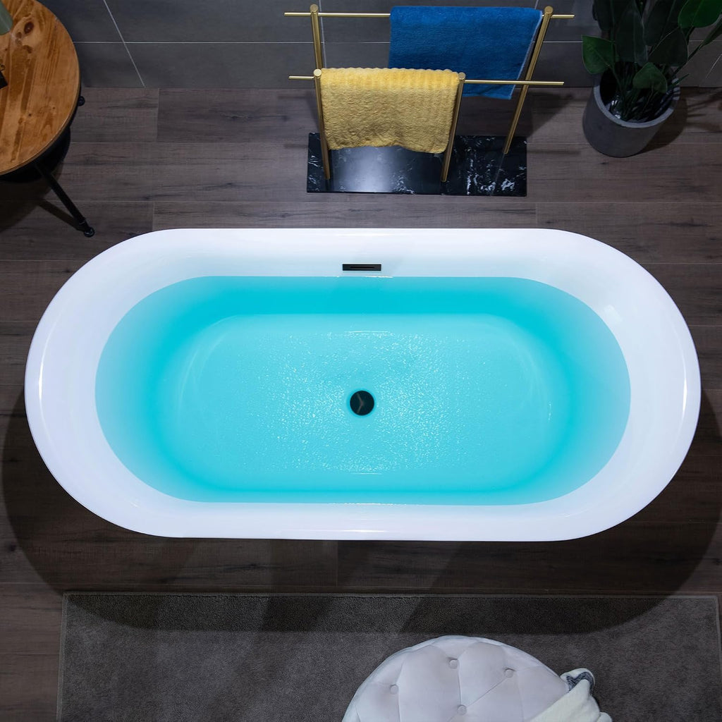 WOODBRIDGE 67' Acrylic Freestanding Bathtub Contemporary Soaking Tub with Matte Black Overflow and Drain,White Tub