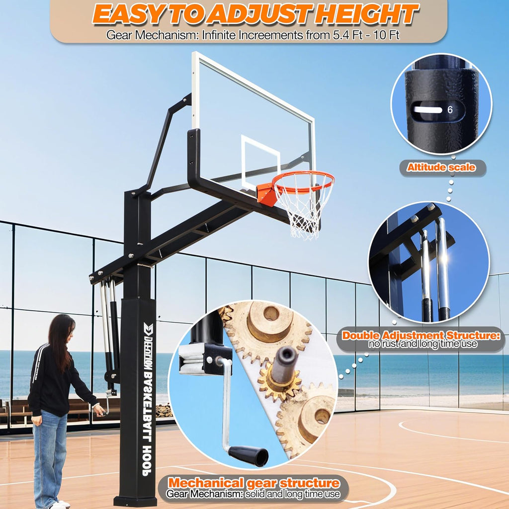 72 Inch Inground Basketball Hoop with Tempered Glass Backboard and 7.2 inch Square Pole Adjust Height from 5.4 Ft to 10 Ft with 3.8 Ft - 4.4 Ft Overhang for All Levels of Play