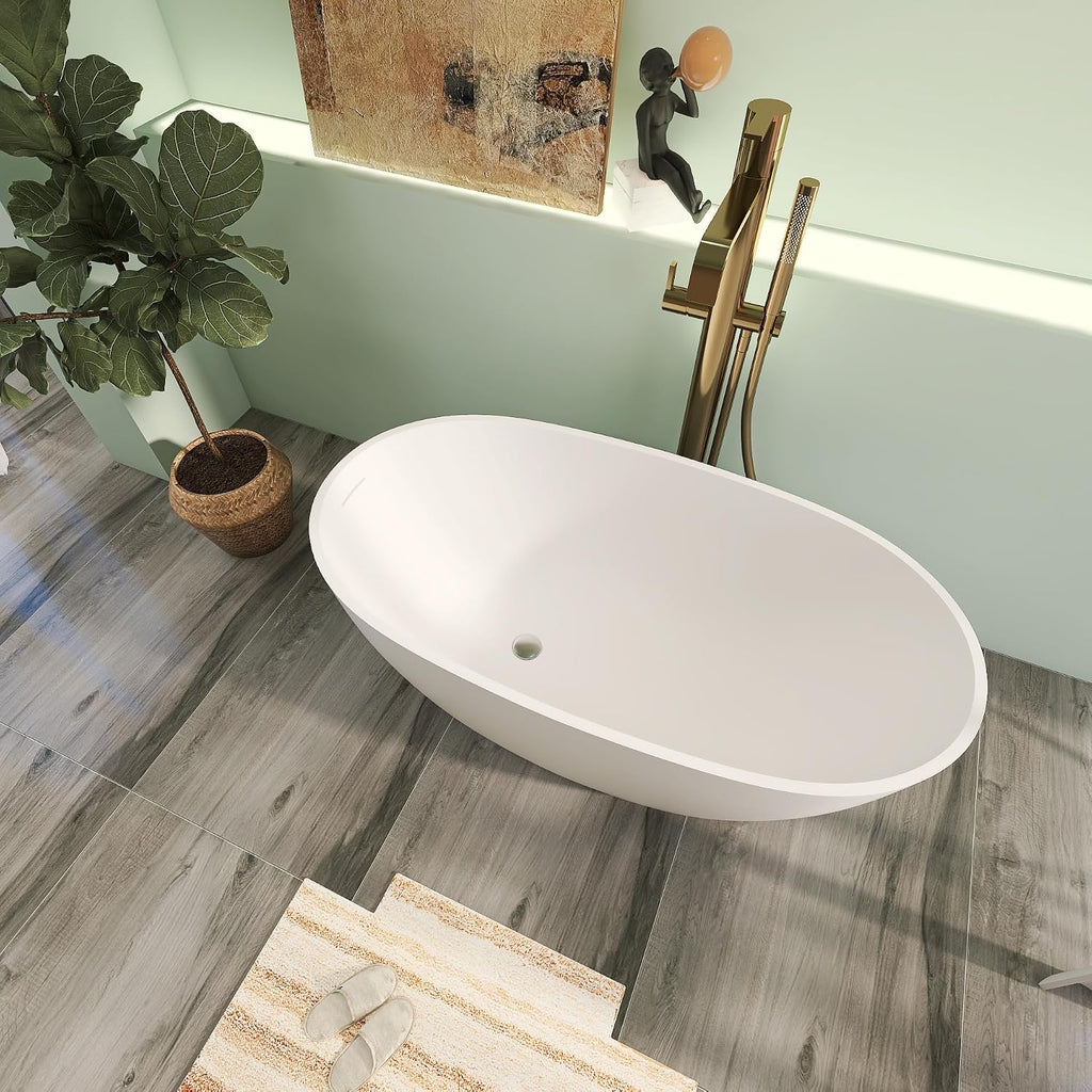 51' Premium Solid Surface Freestanding Bathtubs, Unique Oval Stone Resin Bath Tub with Overflow and Pop-up Drain, Matte White