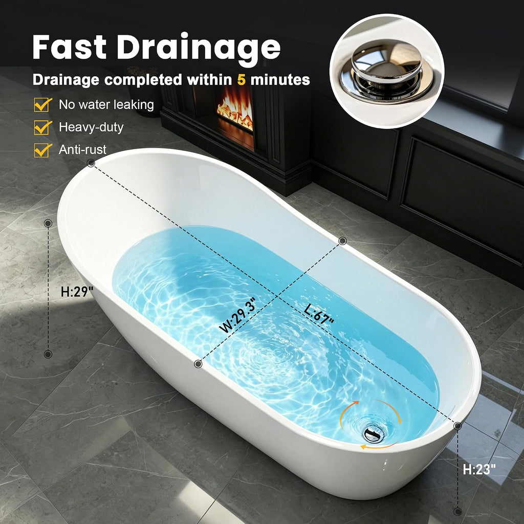 67' Acrylic Free Standing Tub, High-Back Freestanding Bathtub, Soaking Tub with Overflow and Drain, Gloss White