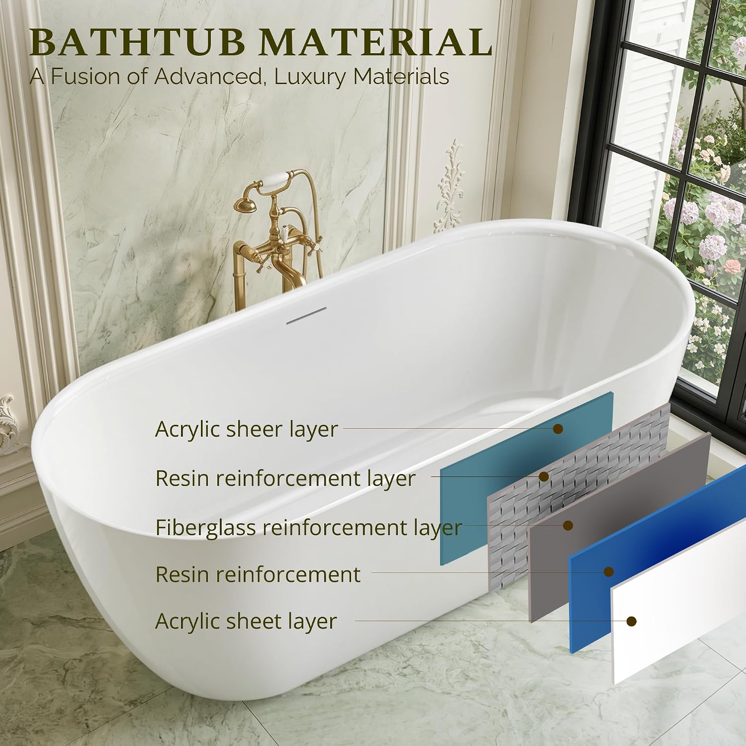 67' Freestanding Bathtub, Modern Oval Acrylic Soaking Tub with Overflow & Shower Function, Deep Standalone Tub with cUPC Certification, Double-Walled Insulation, (White 67Inch)
