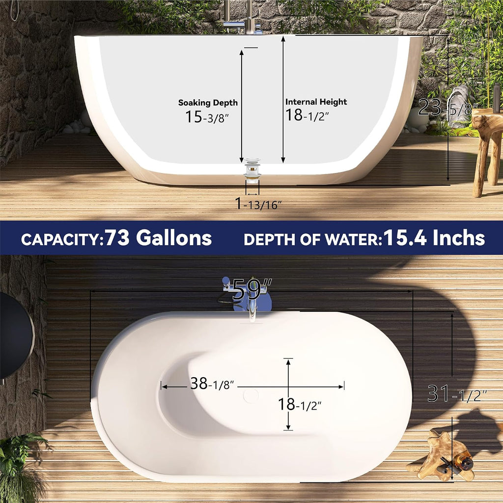 59' Acrylic Free Standing Tub, Stand Alone Tub, Freestanding Bathtub, Soaking Bathtub, cUPC Certified, SE(Glossy White)