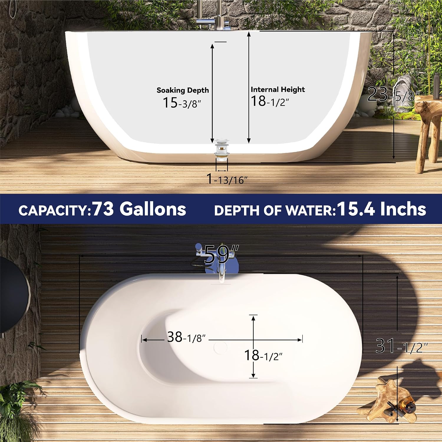 59' Acrylic Free Standing Tub, Stand Alone Tub, Freestanding Bathtub, Soaking Bathtub, cUPC Certified, SE(Glossy White)