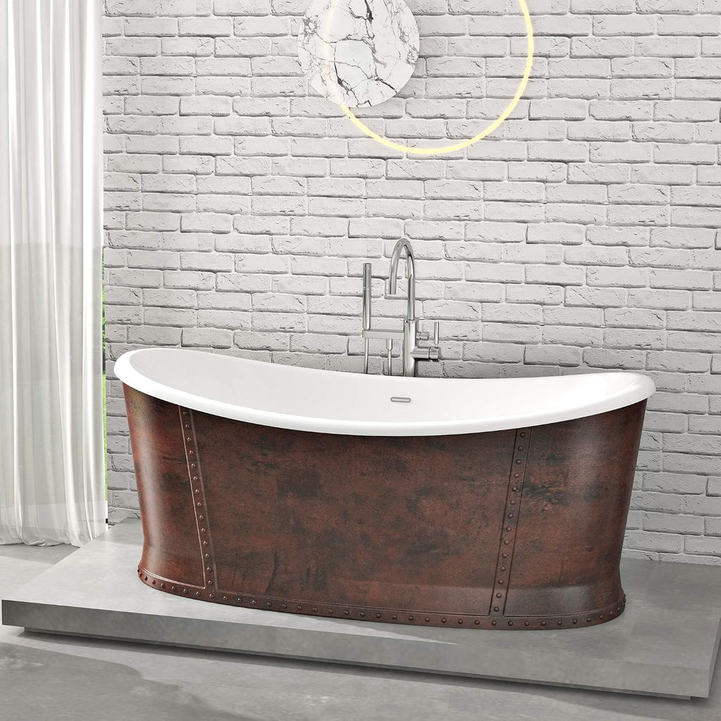HEATGENE 66' Acrylic Freestanding Bathtub Vintage Freestand Soaking Tub UPC Certified Drain & Overflow Assembly Included - Copper