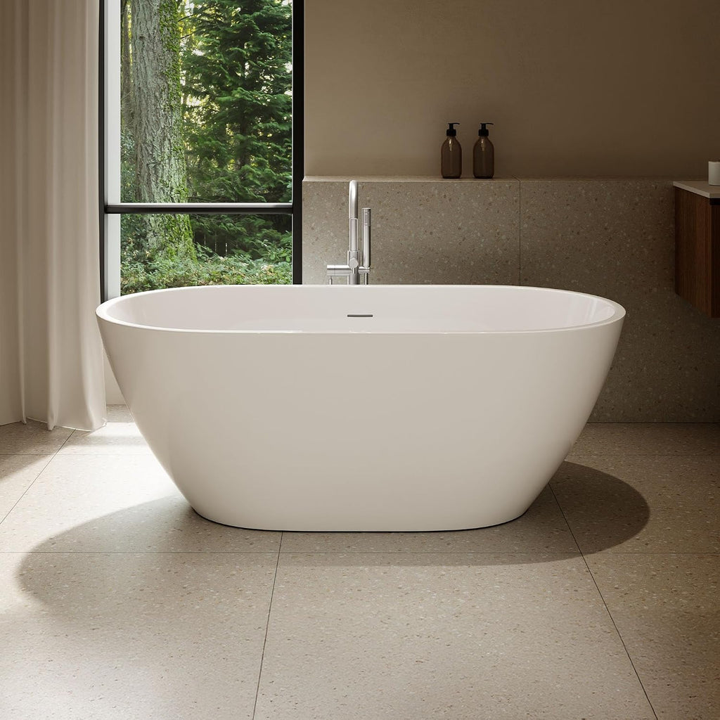 OVE Decors Ayago 59 in. Solid Surface Freestanding White Acrylic Soaking Bathtub, with Overflow and White Pop-up Drain