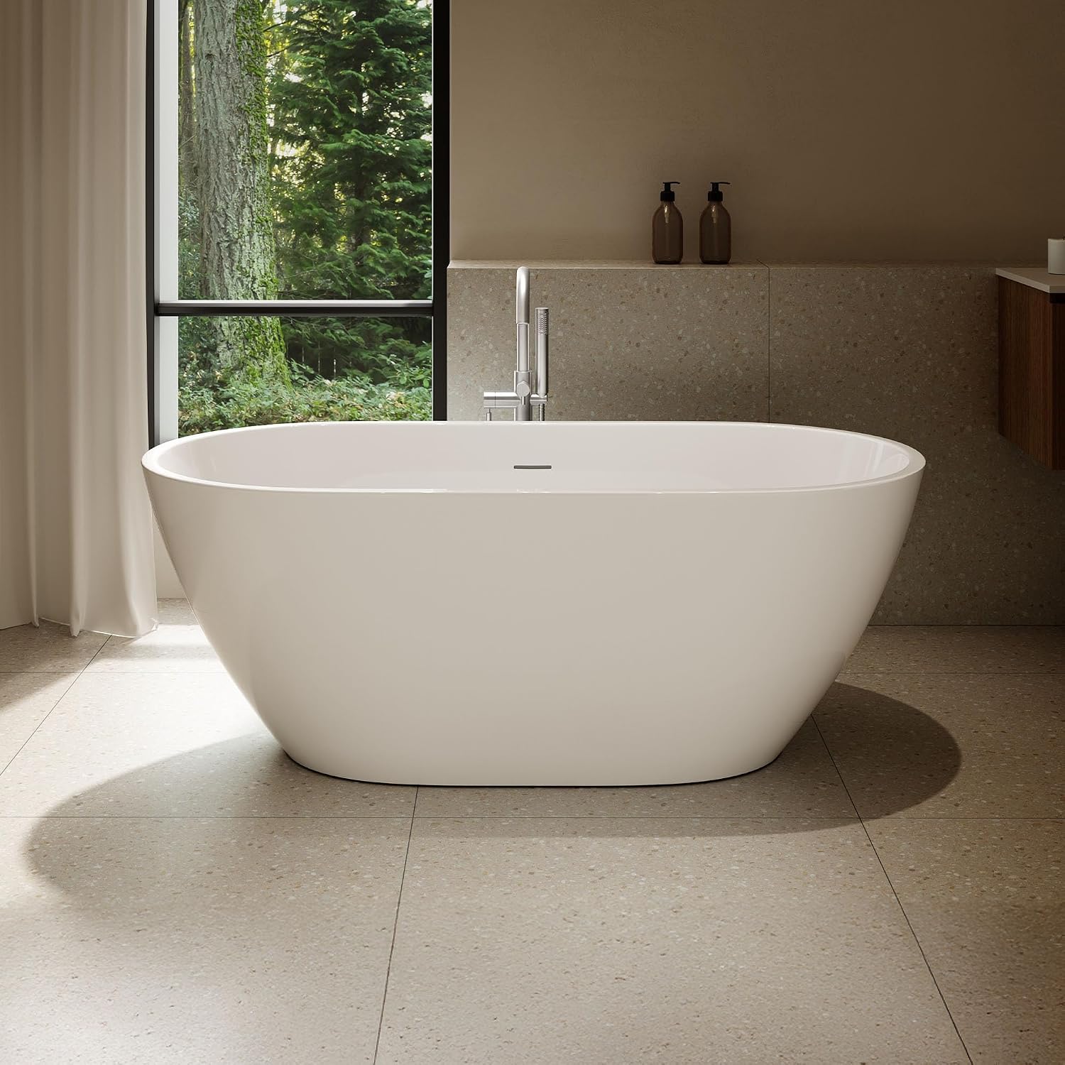 OVE Decors Ayago 59 in. Solid Surface Freestanding White Acrylic Soaking Bathtub, with Overflow and White Pop-up Drain