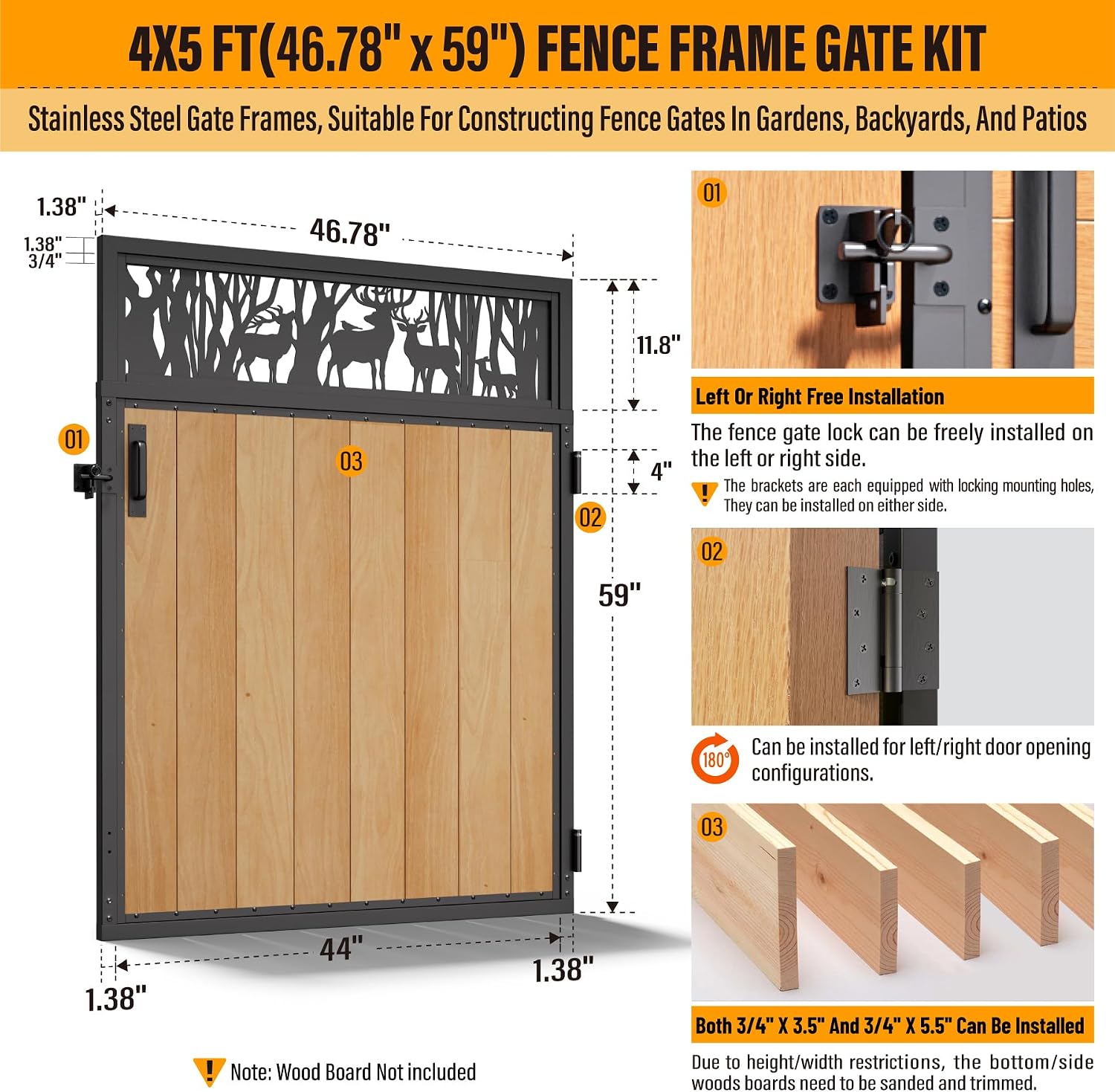 4x5FT Fence Gate Frame Kit 201 Stainless Steel Anti-Sag Heavy Duty Garden Gate Reinforcement Hardware, Left/Right Mount (No Panels Included)(46.78'W x 59.0'H)