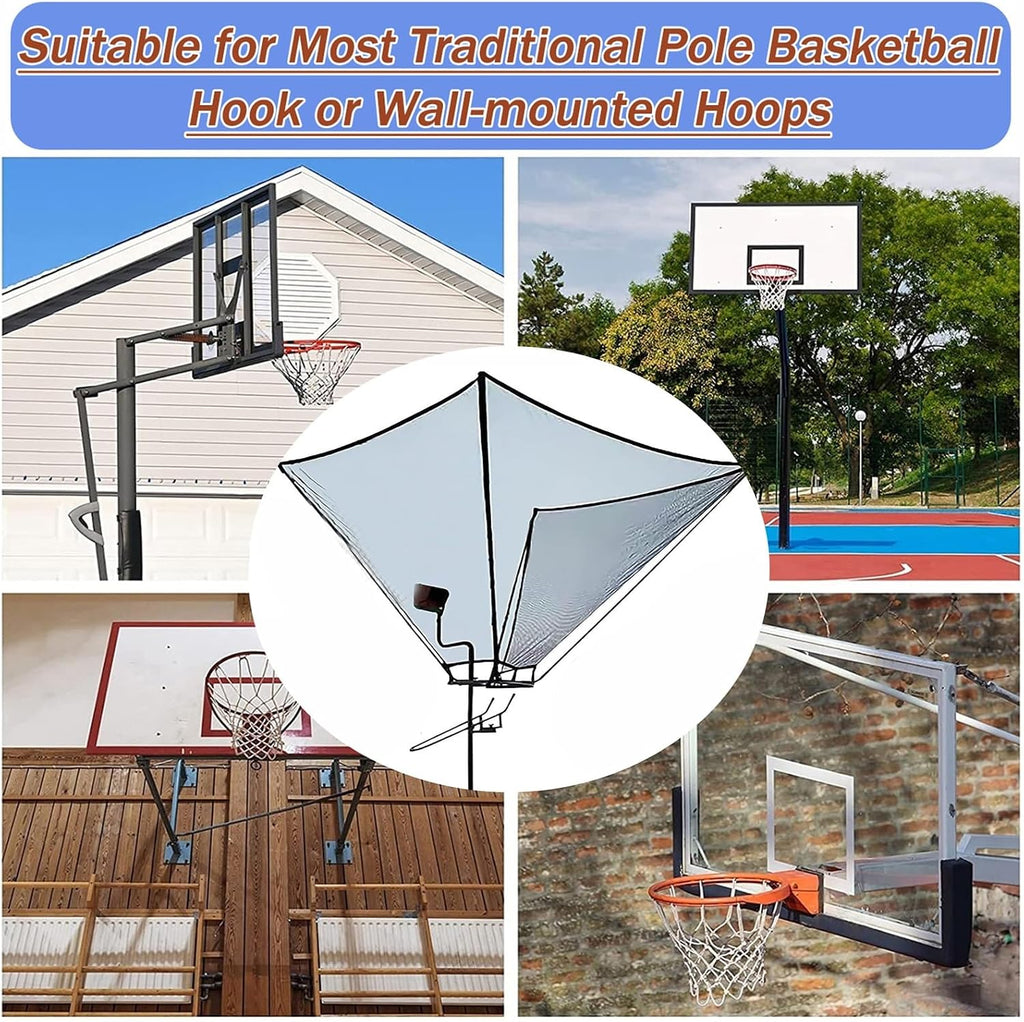 Indoor Outdoor Basketball Hoop Net Catcher, 180° Rotatable Foldable Shot Training Aid Rebound System - Metal Iron Frame, for Garage/Backyard/Pool, Easy to Set Up