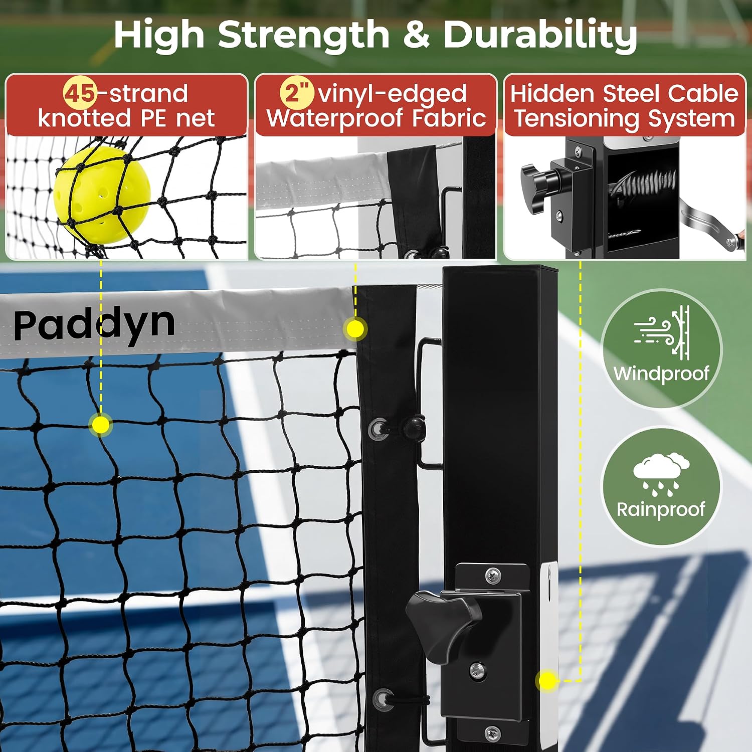 Permanent Pickleball net System with Hand-Crank Tension,Heavy Duty Steel Frame Pickleball net for Driveway,PRO Pickleball Net,Tournament-Spec 22ft x 36in Backyard,Club,School