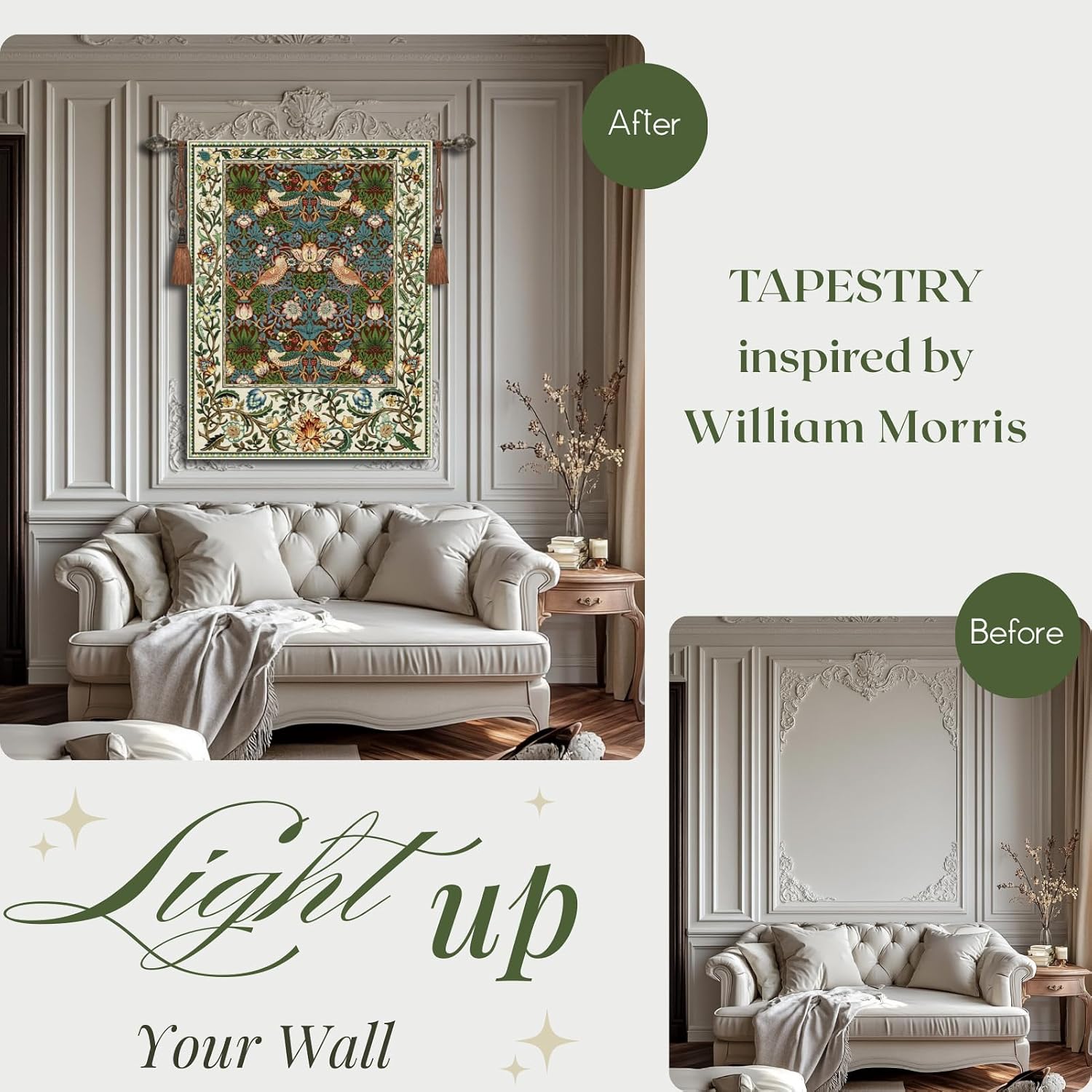 Vintage Medieval Tapestry, William Morris Birds and Flowers, Jacquard Woven Tapestry Wall Hanging for Living Room (Brown)