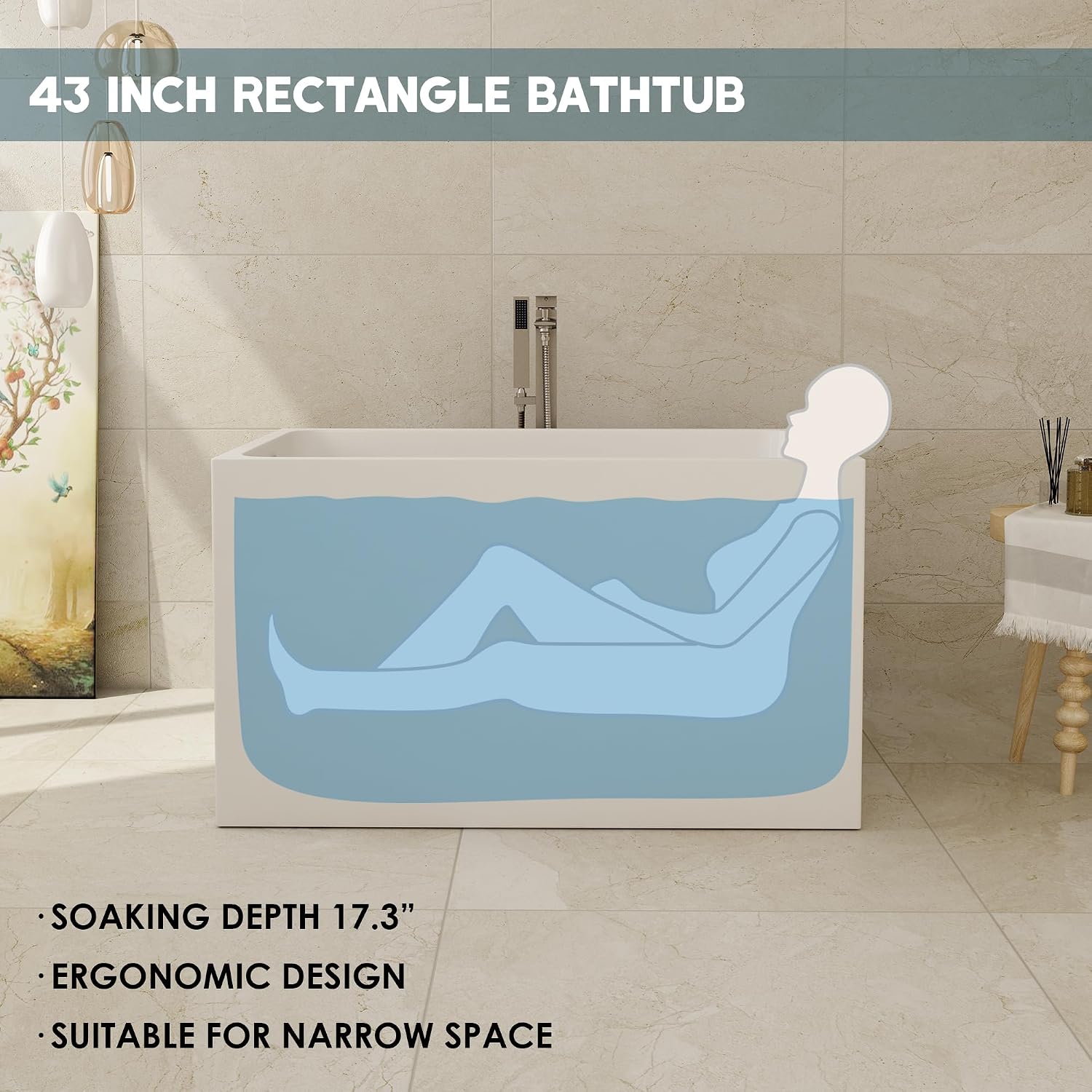 CASAINC 43' Acrylic Freestanding Bathtub, Spacious Rectangle Shape Soaking Tub, Soaking Stand Alone Tub with Chrome Overflow and Pop Up Drain, Gloss White