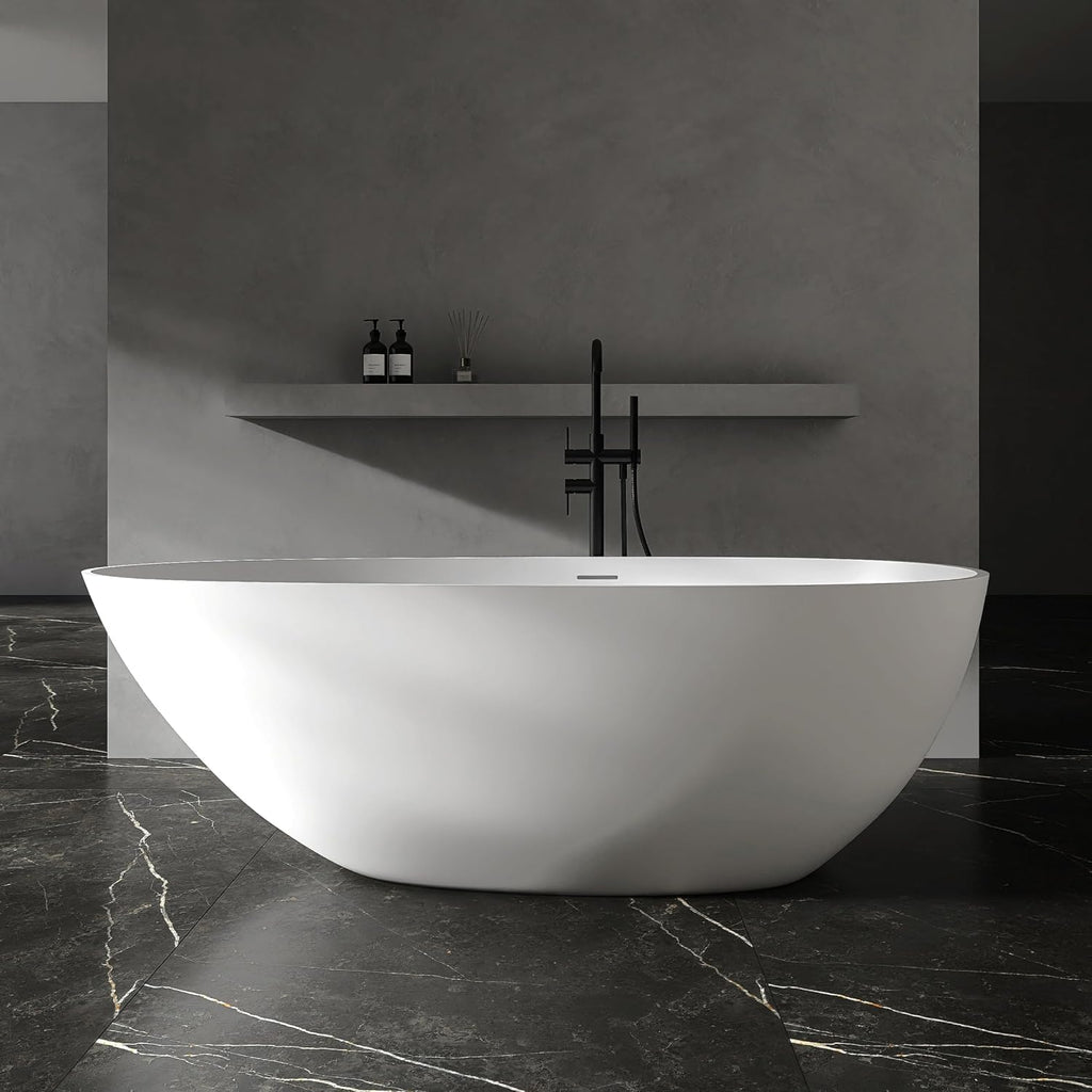67' Stone Resin Freestanding Tub, Oval Solid Surface Bathroom Freestanding Bathtub, Thin Edge Stand Alone Tub with Integrated Slotted Overflow and Pop-up Drain, White 302-1700