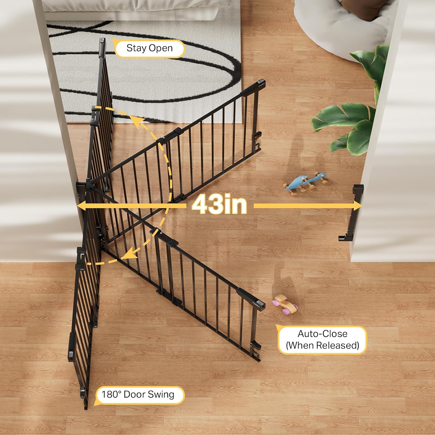 Cumbor 2 Pack 29.2-43' No Bottom Bar Baby Gate for Stairs, 2-in-1 Auto Close Dog Gate Indoor, Hardware Mounted Pet Gate for Doorways with Large Walk Thru Door, Child-Proof Safety Gate for Kids (Black)