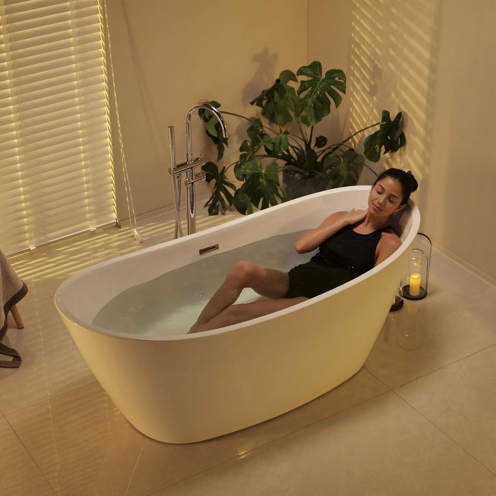 67' Luxury Freestanding Bathtub - Deep Soak Acrylic Tub for Master Bathroom, Modern Standalone Shower Tub with Overflow Drain, Non-Slip Flat Bottom Design, Spa Experience at Home,cUPC Certified