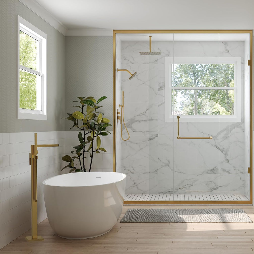 Brushed Gold Freestanding Bathtub Faucet with Hand Shower, Single Handle Waterfall Spout, Solid Brass & Stainless Steel High Flow Tub Filler, Floor Mount