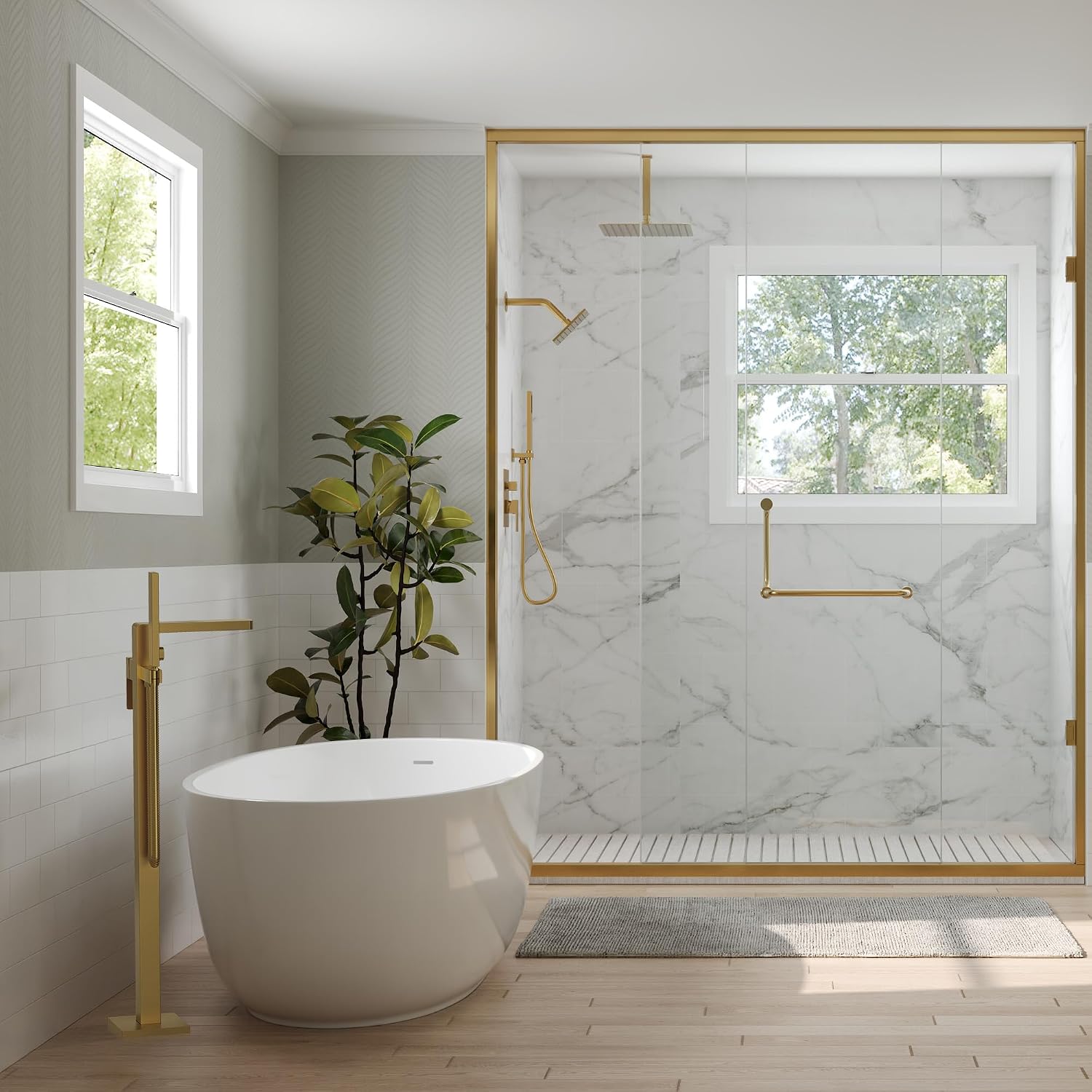 Brushed Gold Freestanding Bathtub Faucet with Hand Shower, Single Handle Waterfall Spout, Solid Brass & Stainless Steel High Flow Tub Filler, Floor Mount