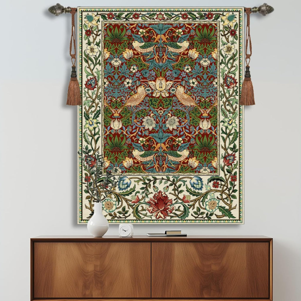 Vintage Medieval Tapestry, William Morris Birds and Flowers, Jacquard Woven Tapestry Wall Hanging for Living Room (Burgundy)