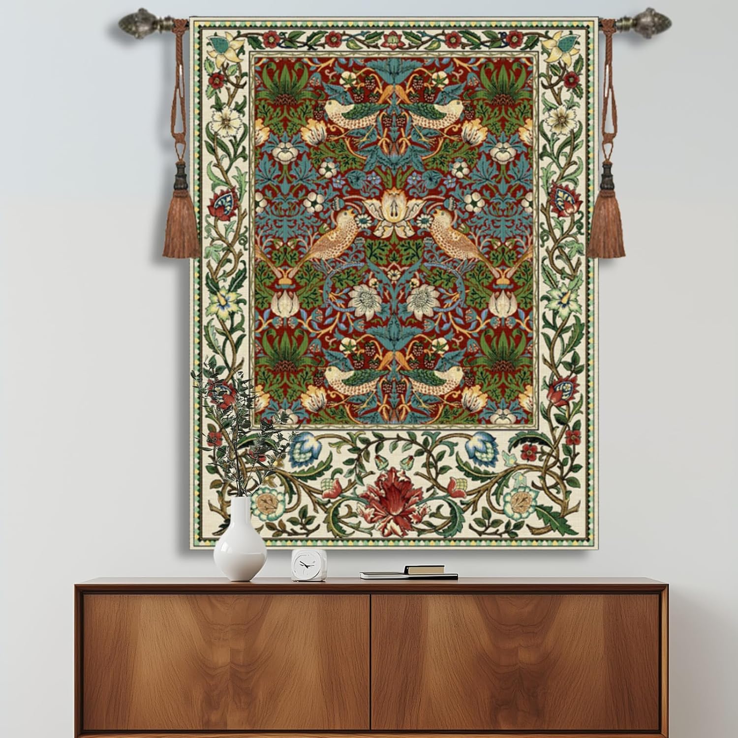 Vintage Medieval Tapestry, William Morris Birds and Flowers, Jacquard Woven Tapestry Wall Hanging for Living Room (Burgundy)