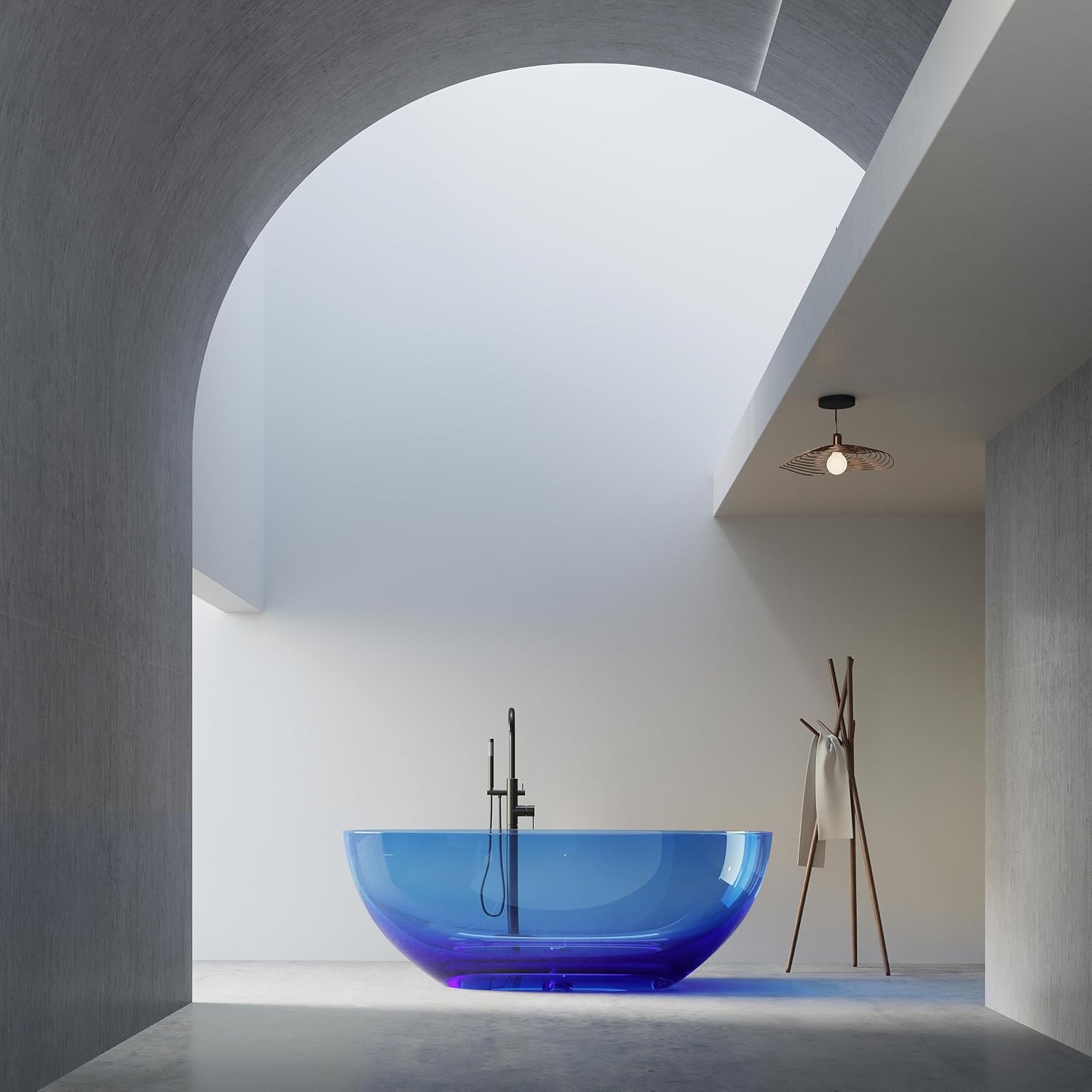 Stone Resin Freestanding Bathtub 61', Elegant Oval Shape Soaking Tub, Solid Surface Stand Alone Bathtub with Drain & Integrated Slotted Overflow Transparent Blue AMFS303-1550-TPBLUE