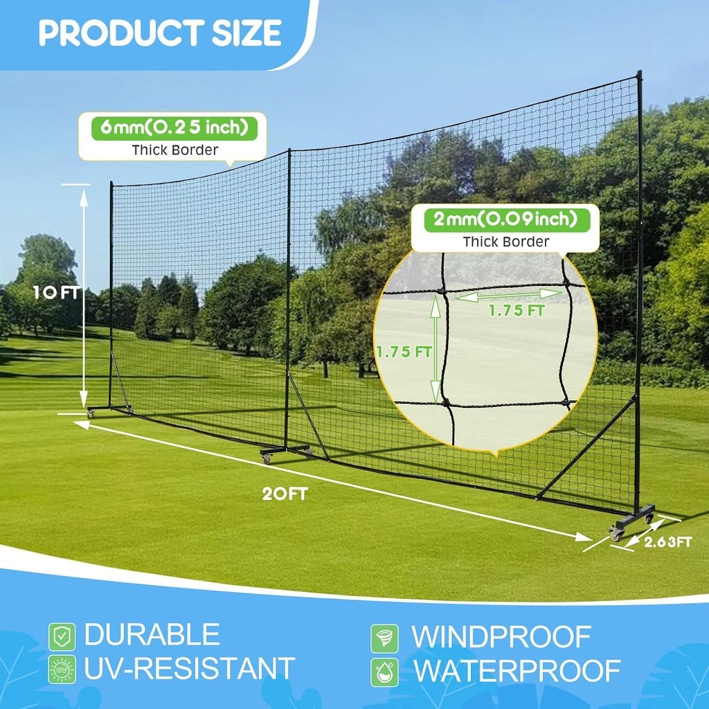 Ball Stop Net System with Wheels Movable Socketed Ball Stop Net Sports Netting Backyard 10FT to 12FT High Backstop Net for Barrier with Post from 10FT to 30FT Wide