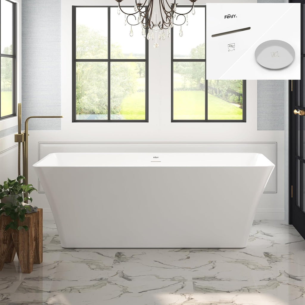 FerdY Sentosa 67' Acrylic Freestanding Bathtub, Contemporary Design Soaking Tub with Polished Chrome Drain and Minimalist Linear Design Overflow, Easy to Install, 02560