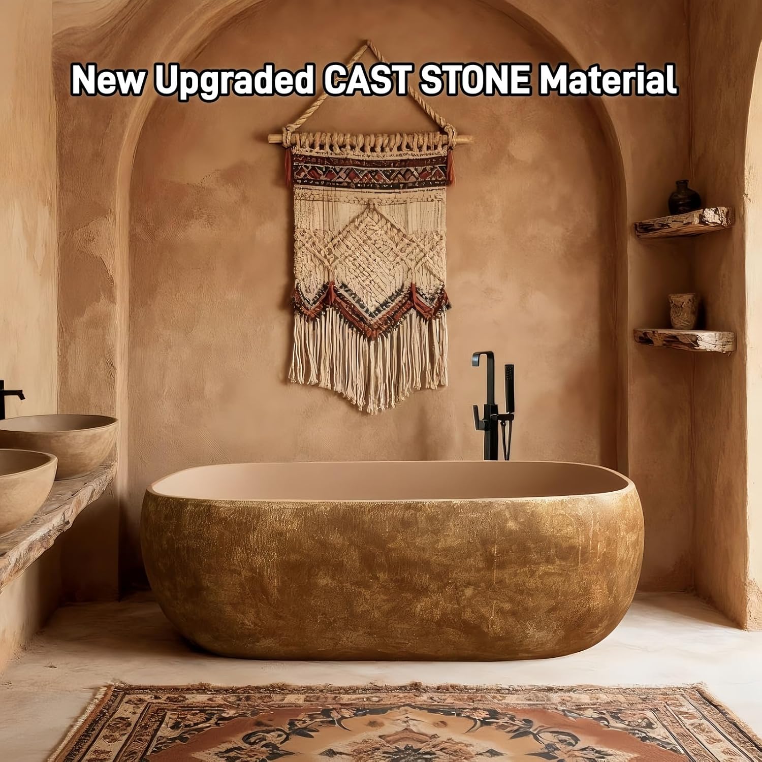 71' Edeyeu Freestanding Bathtub - Modern Designer Solid Surface Bathtub Soaking Tub With Extra Deep Ergonomic High Back, Luxury Stone Texture Free Standing Tub, Artistic Style