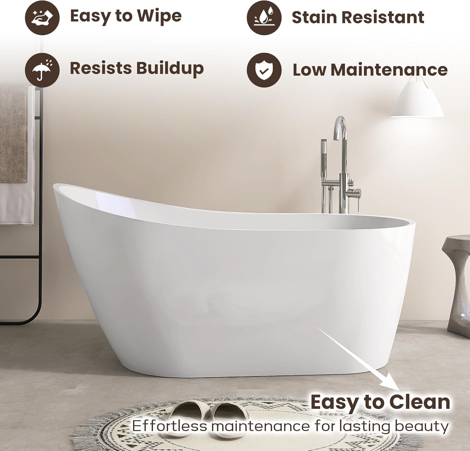 SJ STAR&JANE 59' Acrylic Freestanding Bathtub, Modern Acrylic Soaking Bathtub,Stand Alone Tub with Drain and Overflow, cUPC Certified, White