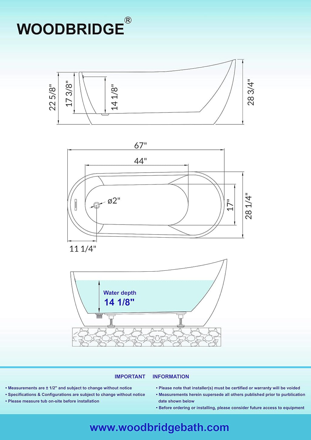 WOODBRIDGE 67'Freestanding White Acylic Soaking Bathtub with Brushed Gold Drain and Overflow,BTA1508 -BG-Drain &O