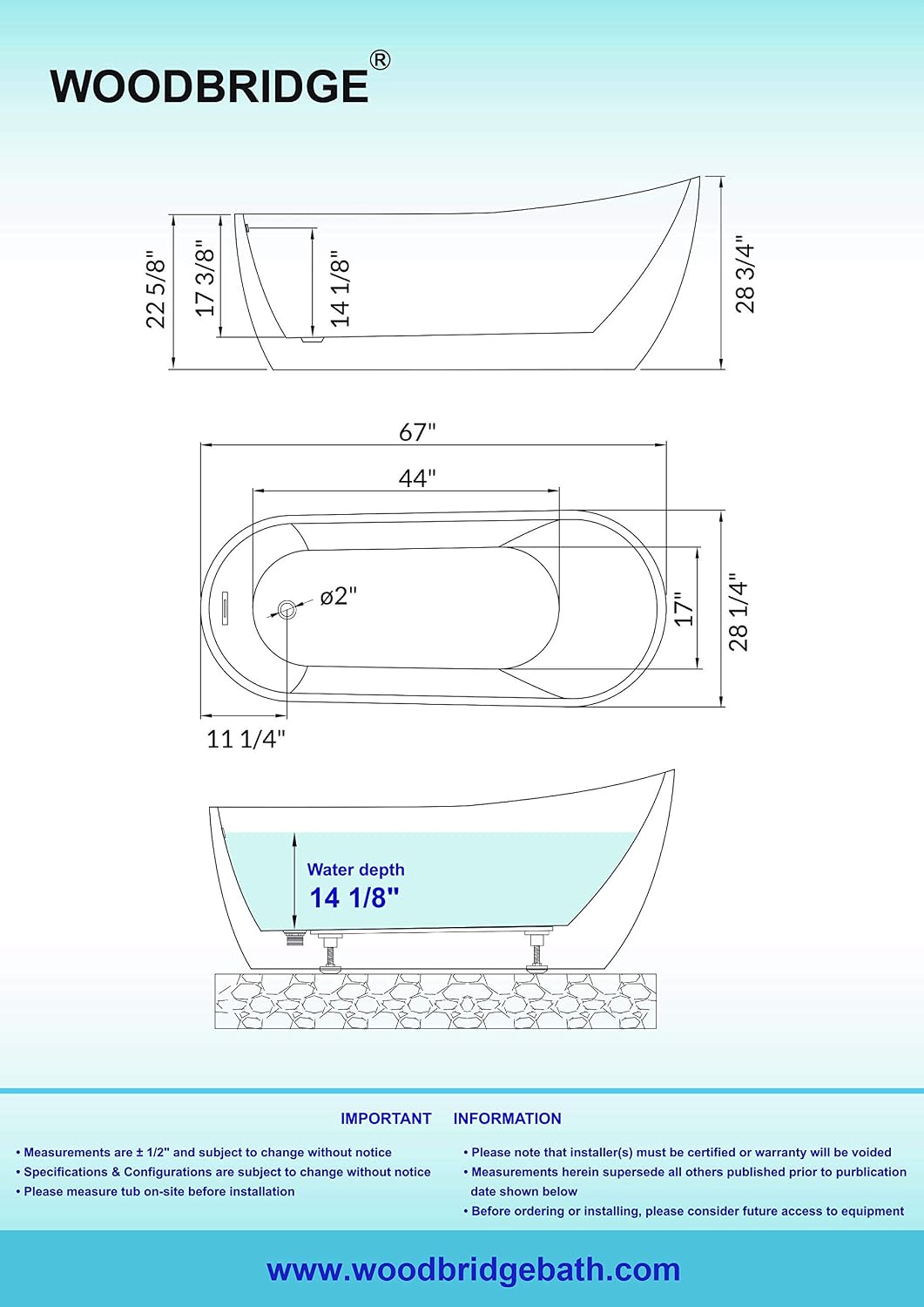 WOODBRIDGE 67'Freestanding White Acylic Soaking Bathtub with Brushed Gold Drain and Overflow,BTA1508 -BG-Drain &O
