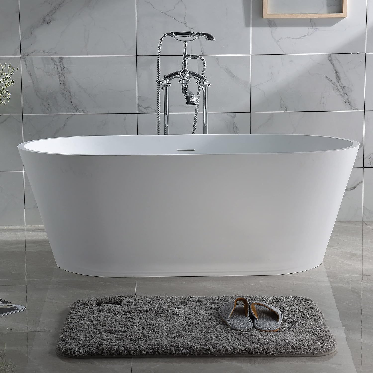 Dowell 60' Luxury Modern Stone Resin Freestanding Bathtub | Matte White Oval Solid Surface Soaking Tub with Integrated Slotted Overflow 077 60