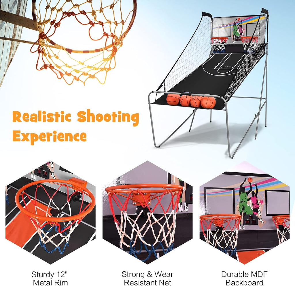 Goplus Foldable Dual Shot Basketball Arcade Game, Basketball Hoop Game w/Electronic Scoring, 8 Game Modes, 4 Balls, Indoor Outdoor Electronic Basketball Game Machine for Kids Adults (Black)