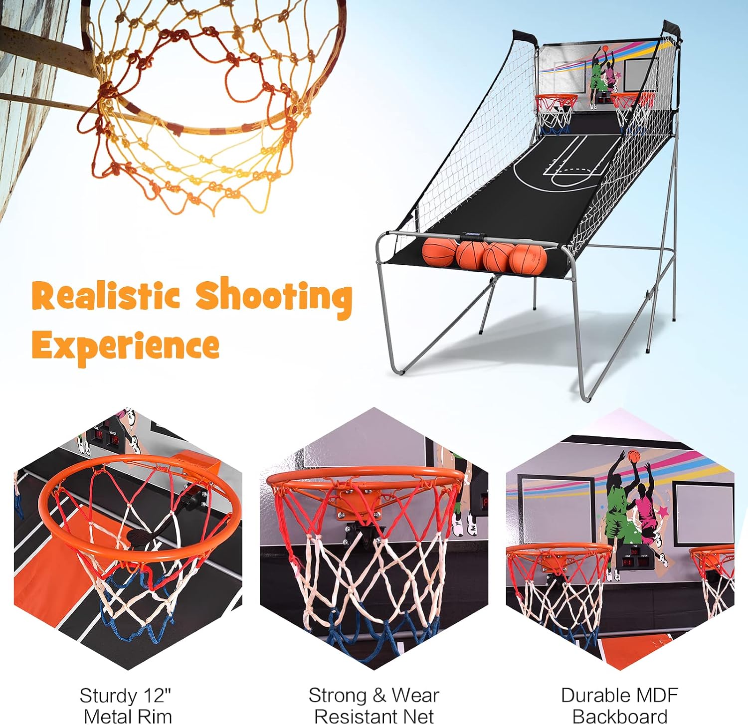 Goplus Foldable Dual Shot Basketball Arcade Game, Basketball Hoop Game w/Electronic Scoring, 8 Game Modes, 4 Balls, Indoor Outdoor Electronic Basketball Game Machine for Kids Adults (Black)