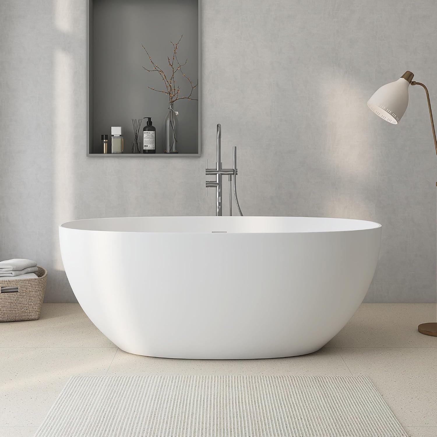 59'' Stone Resin Freestanding Bathtub, Bathroom Solid Surface Soaking Tub, Soaker Tubs Oval Shaped, Matte Luxury Modern Soaking Bathtubs with Overflow and Pop-up Drain - White