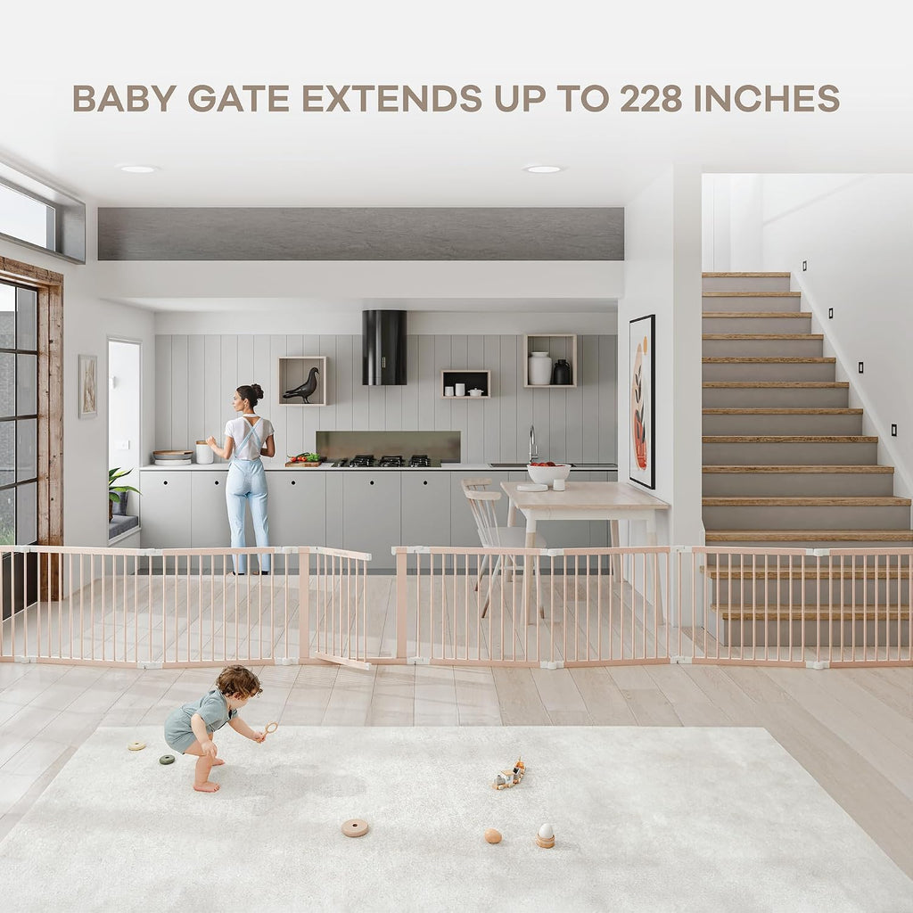Comfy Cubs Baby Gate Playpen - 57 x 57 x 25 in, Extends Up to 228' - Pine Wood Foldable Playpen with Child-Proof Lock - Easy Assembly Baby Fence Play Area for Babies & Toddlers - Blush