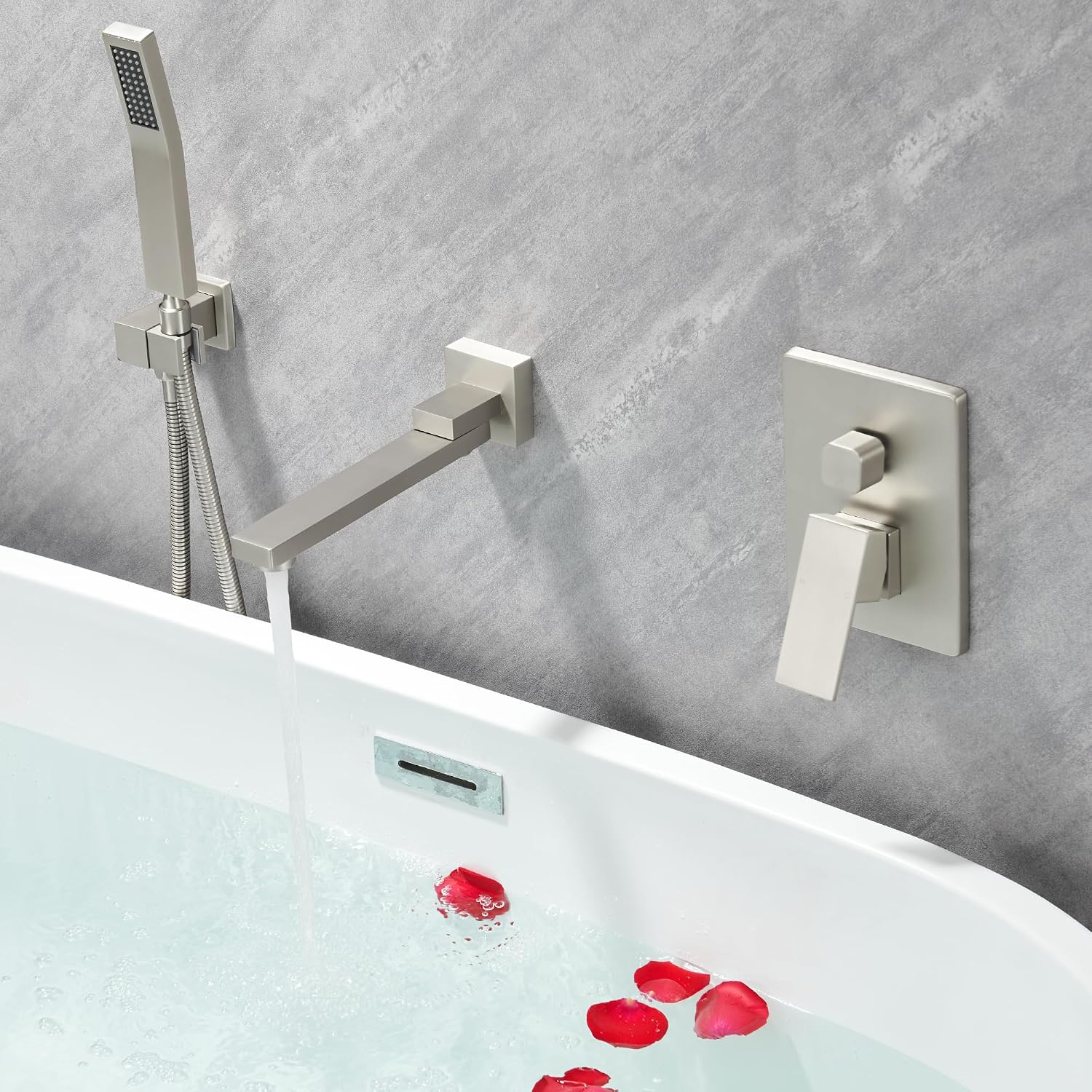 DASAN Swiveling Wall Mount Tub Filler Faucet Set with Hand Held Shower, Brushed Nickel Modern Creative Bathtub Faucet Wall Mounted Bath Tub Faucet with High Flow Rough in Valve, SA-TF05WH-BN