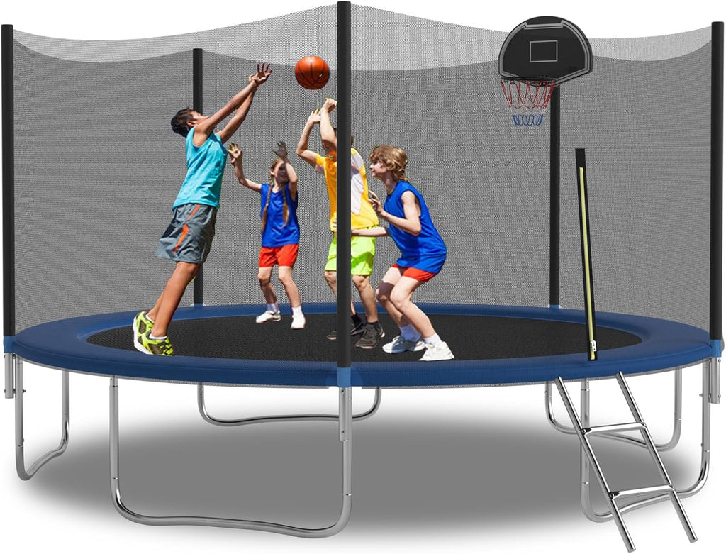 Tranpoline 10FT 12FT 14FT 16FT Tranpoline for Kids with Safety Enclosure Net Recreational Tranpoline for Adults ASTM Approval Backyard Outdoor Tranpoline with Basketball Hoop