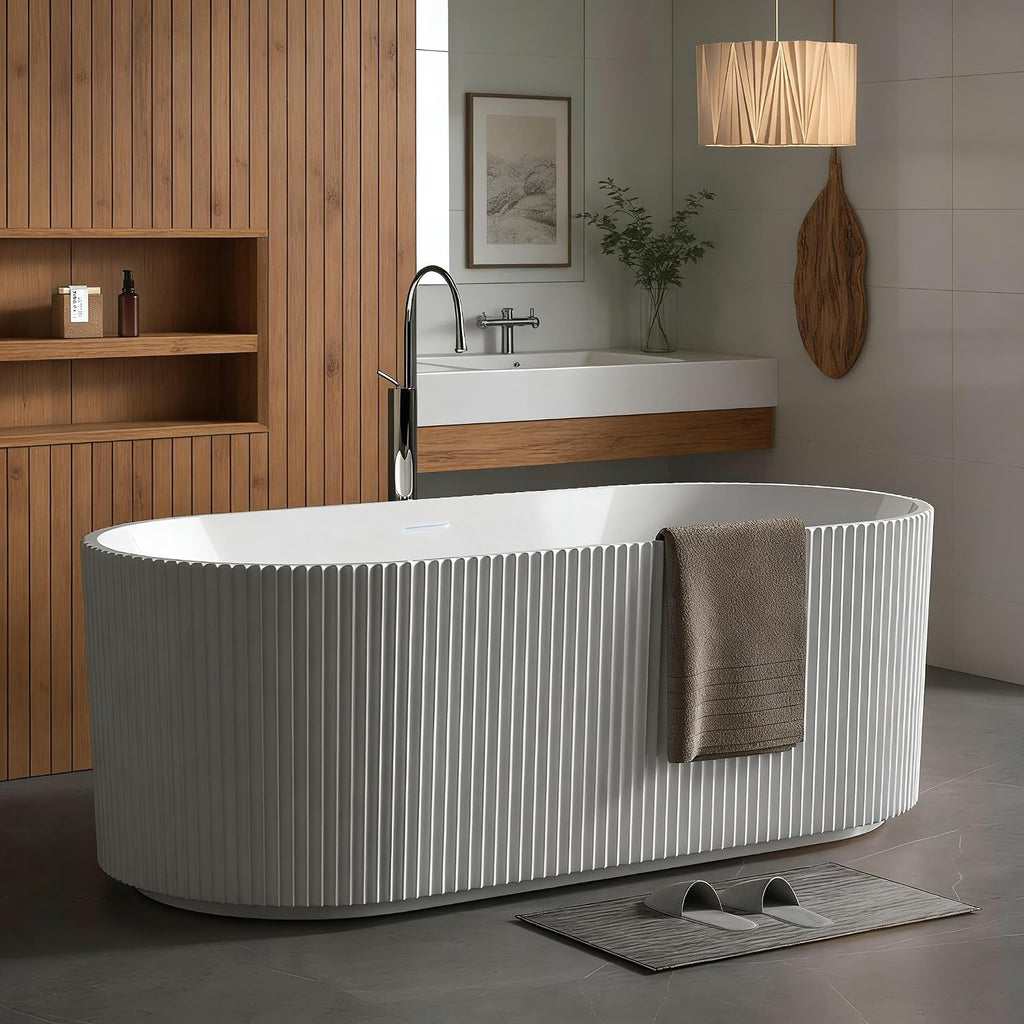 67' Acrylic Freestanding Bathtub, Free Standing Soaking Tub, Free Standing Tub with Overflow and Matte Silver Drain, Modern Bathtub for Bathroom, Hotel, Easy to Install, CUPC Certified, White, Harp