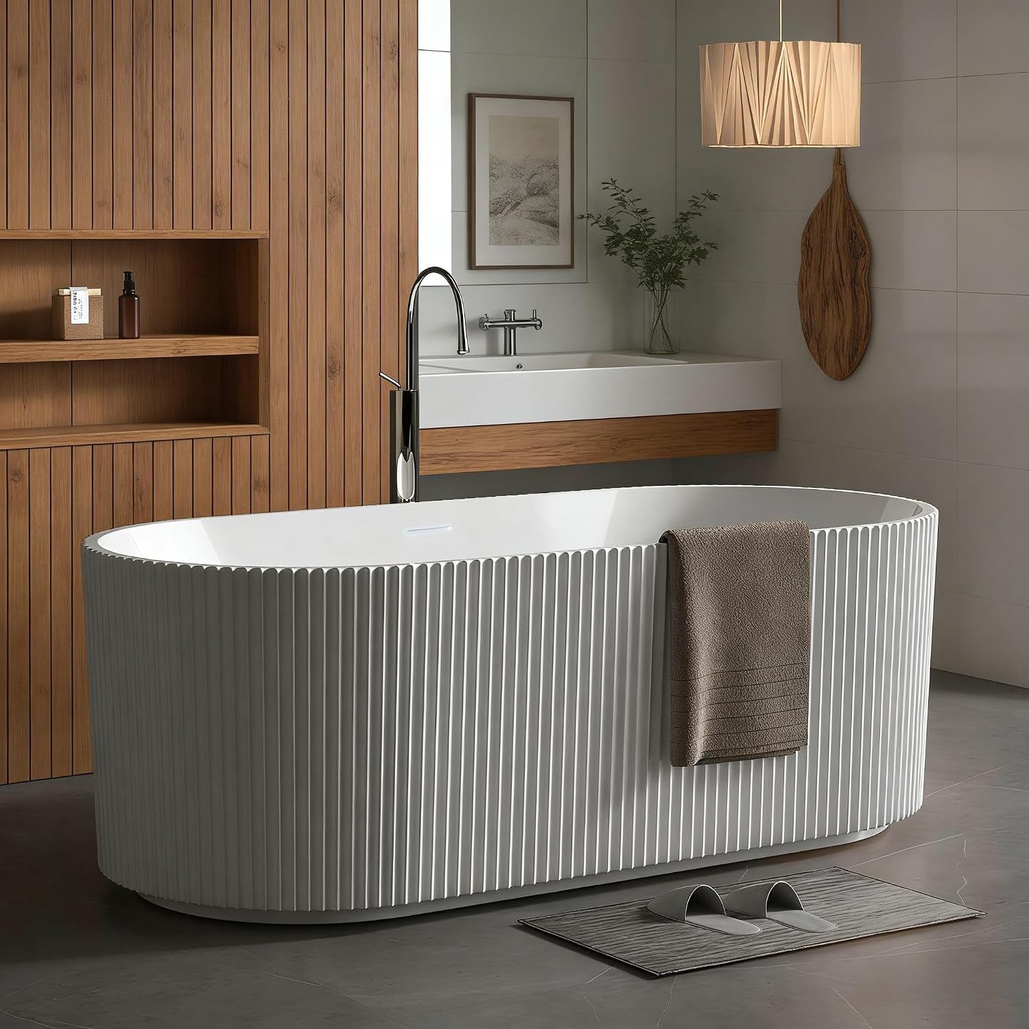 67' Acrylic Freestanding Bathtub, Free Standing Soaking Tub, Free Standing Tub with Overflow and Matte Silver Drain, Modern Bathtub for Bathroom, Hotel, Easy to Install, CUPC Certified, White, Harp