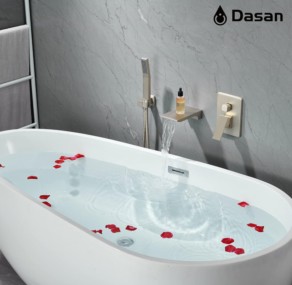 DASAN Waterfall Tub Filler Faucet Wall Mount with Hand Shower, Modern Wall Mounted Bathtub Faucet Brushed Nickel Tub Faucet with High Flow Rough in Valve, SA-TF01WH-BN