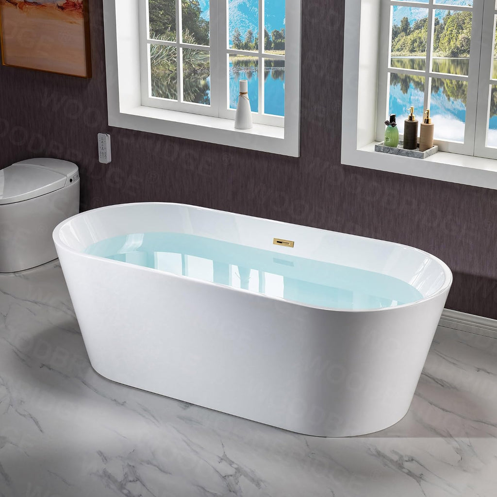 WOODBRIDGE 71' Acrylic Freestanding Bathtub Contemporary Soaking White Tub with Brushed Gold Overflow and Drain,B1701-BG