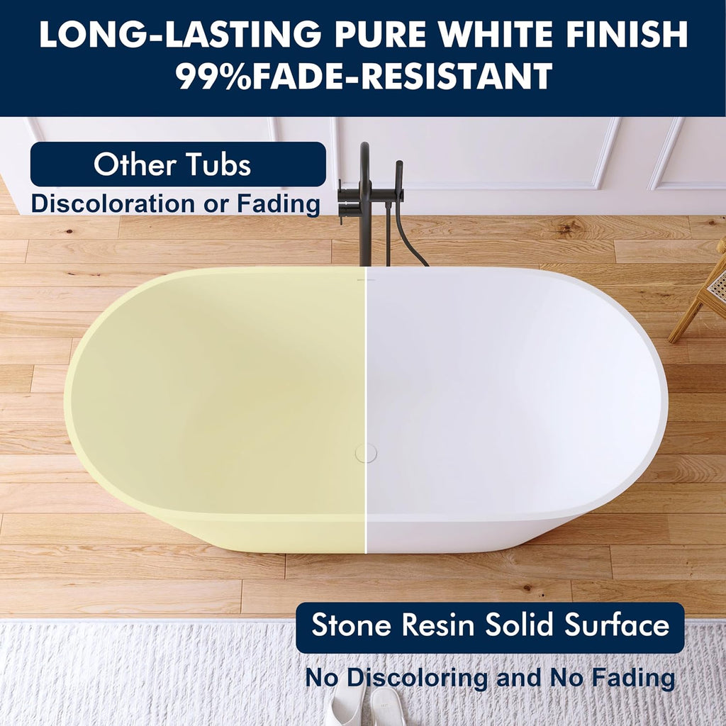 63'' Freestanding Bathtub Solid Surface Matte Bathroom Bathtub Soaking Tubs Resin Stone Bathtubs Oval Soak Tubs with Overflow and Pop-up Drain - White…