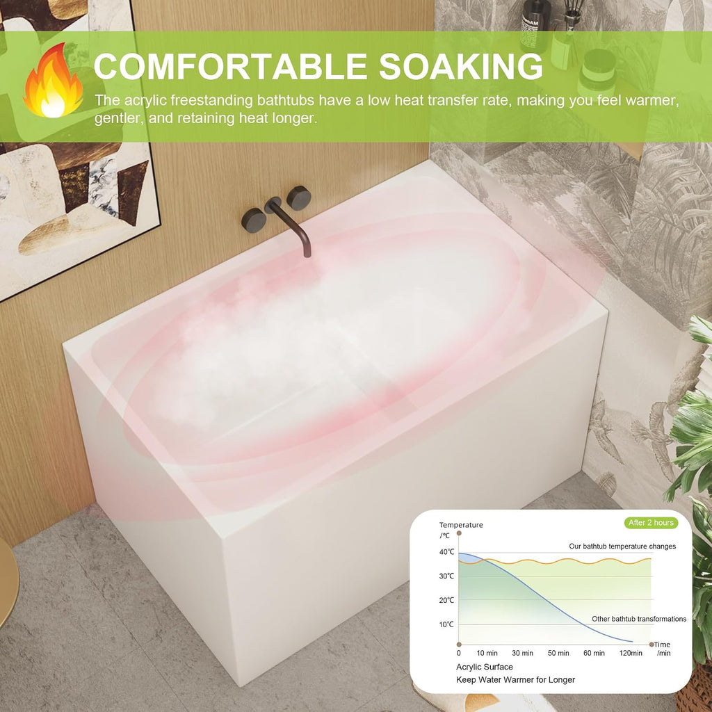 43' Freestanding Acrylic Bathtub with Seat, Spacious Rectangle Design, Premium Gloss White Finish, Chrome Overflow Drain