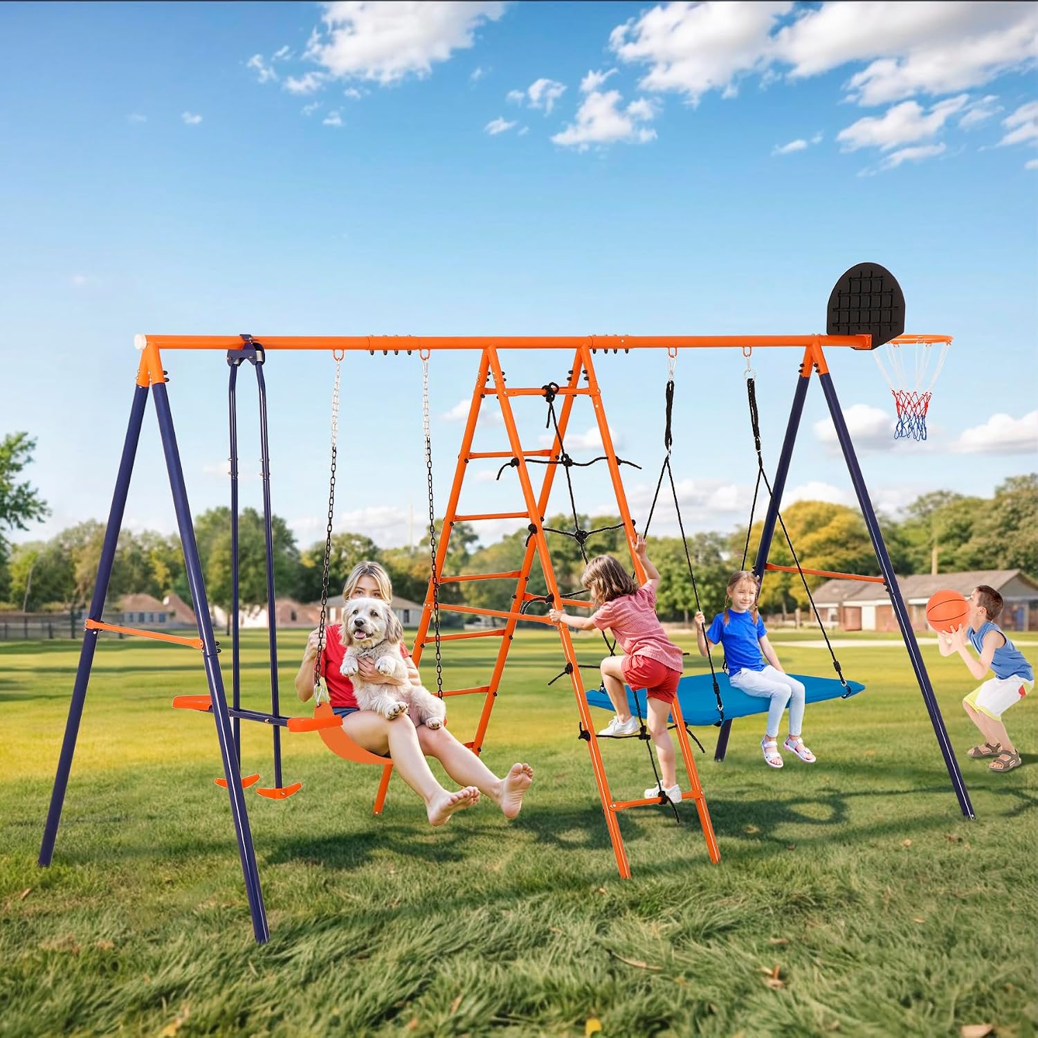 Metal Swing Sets for Backyard, Heavy Duty Toddler Playset Kids Playground Set with Hammock Swing, Belt Swings, Glider, Climbing Ladder and Nets, Basketball Hoop for Outdoor, 660 lbs