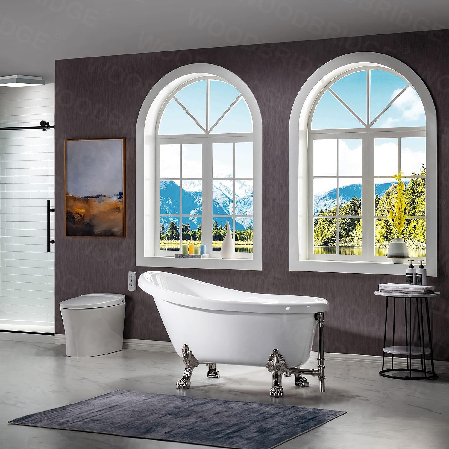 WOODBRIDGE 54' Heavy Duty Acrylic Slipper Clawfoot Bath Tub with Brushed Nickel Feet + Brushed Nickel Drain &Overflow