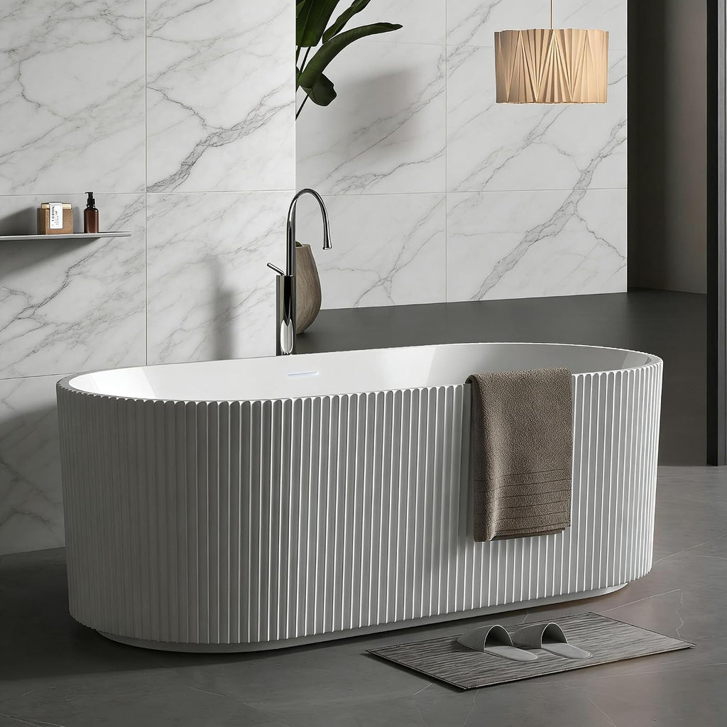 67' Acrylic Freestanding Bathtub, Free Standing Soaking Tub, Free Standing Tub with Overflow and Matte Silver Drain, Modern Bathtub for Bathroom, Hotel, Easy to Install, CUPC Certified, White, Harp