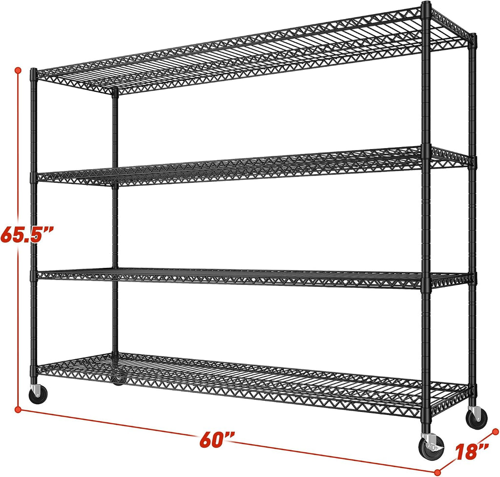 REIBII 60''W Storage Shelves 2399LBS Wire Shelving with Wheels Garage Shelving Heavy Duty Metal Shelves for Storage Rack Adjustable Shelf for Commercial Garage Kitchen, 60' W x 18' D x 65.5' H